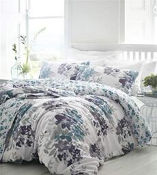 Kew Watercolour Floral Duvet Cover and Pillowcase Bed Set, Percale Cotton, Teal, King, teal-king