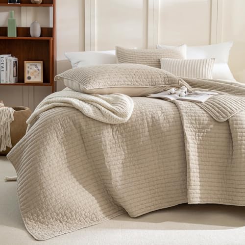 "Sanracie Cotton Oversized King Bedspread(128""x120""), Soft Dark Wheat Color Stonewashed Extra Large Wide Oversized Quilt Sets Cross Stitch Lightweight Crinkle Coverlet Set 3Pcs for All Season"