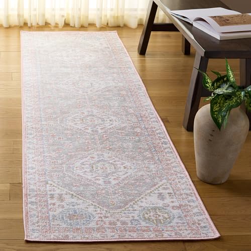 Safavieh Traditional Rug Ideal for High Traffic Areas - Machine Washable - Arizona Collection, Short Pile, in Ivory and Blue, 66 X 244 cm