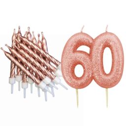 60th Birthday Rose Gold Candle Kit, Glitter Number 50 Cake Topper Candle and Rose Gold Candles, Birthday Cake Decoration