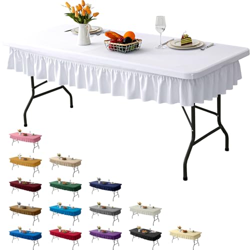 RUOYU 8ft White Stretch Tablecloth for Rectangular Tables - Flared Wrap Design, Waterproof, Wrinkle-Resistant, Washable - Ideal for Weddings, Parties, Banquets & Table Protection