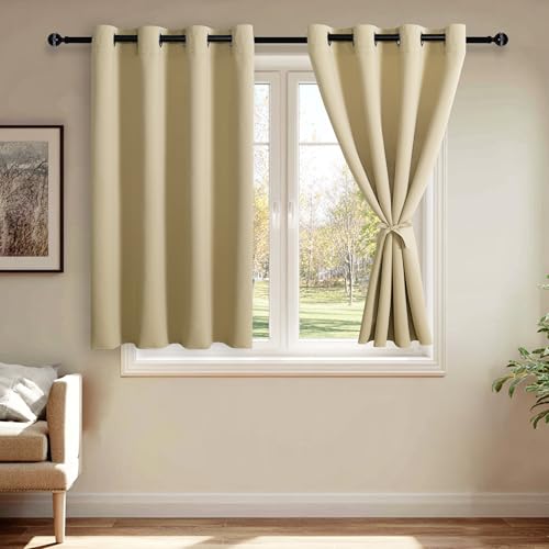 JIUZHEN Light Beige Blackout Curtains with Tiebacks - Thermal Insulated, Light Blocking and Noise Reducing Grommet Curtains for Bedroom and Living Room, Set of 2 Panels, 52 x 45 Inch Length