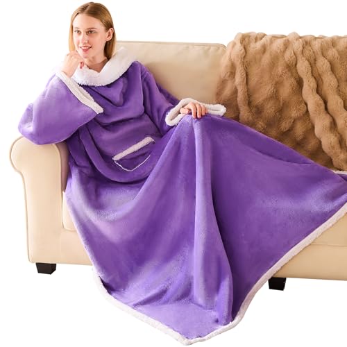 "IFNOW Sherpa Wearable Blanket with Sleeves, Oversized Snuggle Robe, Purple - 430GSM Thick, 55x69"", Big Pocket, TV Blanket,Fall Winter Dorm Essentials or Office, Christmas Birthday Gifts for Women Men"