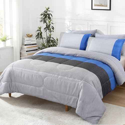 PERFEMET Blue Striped Comforter Bedding Set Full/Queen Size 3PCS Patchwork Stripe Print Quilt Set Ultra Soft Reversible Pattern Bedspreads Comforter Sets for Boys Mens