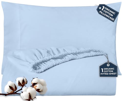 ROYALE LINENS 300 Thread Count 100% Long Staple Combed Cotton 2 Piece Twin XL 1 Fitted Sheet, 1 Pillow Case - Breathable, Cool & Crisp Percale Sheet Set (Twin XL, Lake Blue)