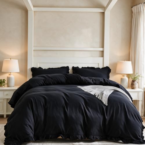 CLOTHKNOW Black Ruffle King Size Comforter Set Shabby Chic Bedding Sets - Farmhouse Bedding Comforter Sets, Soft, All Season Comforters Blanket with 2 x Pillowcases