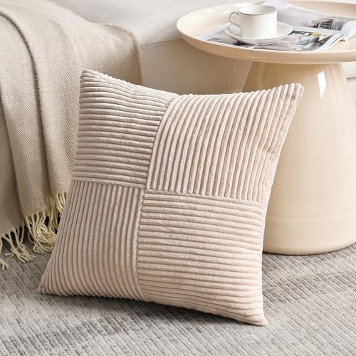 Fancy Homi Tan Decorative Throw Pillow Covers 18x18 Inch for Living Room Couch Bed, Rustic Farmhouse Boho Home Decor, Soft Corss Corduroy Patchwork Textured Square Beige Cushion Case 45x45 cm