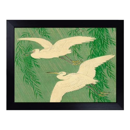 Lap Tray with Bean Bag Cushion, Willow & White Egrets By Ohara Koson - Handmade in the UK, Raised Wooden Edge, Padded Cushion, Heat-Resistant Wipe-Clean Surface, for Meals, Laptops and Crafts