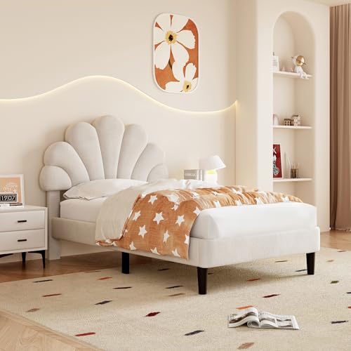 Merax Upholstered Single Bed, 3FT Bed Frame with Height-Adjustable Chic Petal Headboard and Wooden Slatted Frame, No Box Spring Needed, Easy Assembly, Velvet, Beige, 90x190cm
