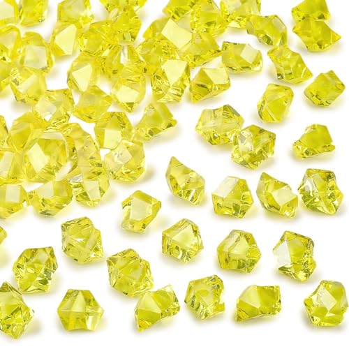 DomeStar Yellow Fake Ice Rocks, 150PCS Acrylic Gems Crystals Plastic Diamonds Fake Ice Cubes for Vase Fillers DIY Craft Wedding Photography Prop Display Table Scatter Home Amalfi Coast Decorations