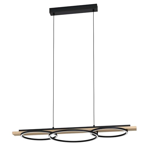 Eglo Boyal 3-Lamp LED Pendant Lamp, Dimmable Dining and Living Room Ceiling Light, Metal, Wood and Plastic Coloured in Black, Brown and White Hanging Lighting, E27 Socket