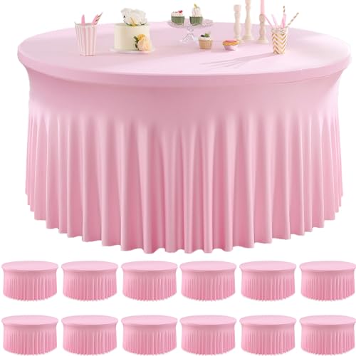 Htper 12 Pack Baby Pink Spandex Round Tablecloths for 60 inch Table, Wrinkle Free Stretchy 120inch Fitted 5FT Round Table Cloths Cover with Skirt for Wedding Party Dining Banquet Events