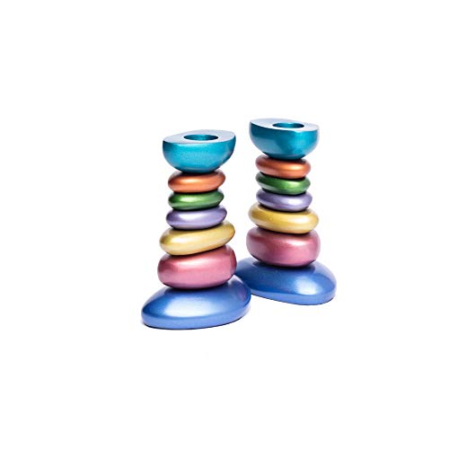 Yaie Emanuel Zen Stone Tower Candlestick Holders for Shabbat and Yom Tov - Anodized Aluminum Modern Design (Multicolor (CSG-2))