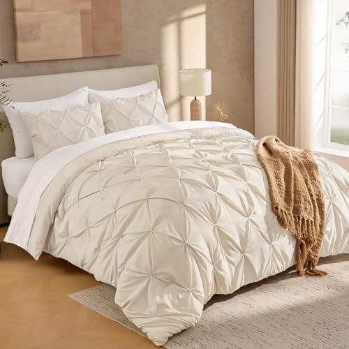"Andency Queen Pinch Pleat Beige Comforter Set 3 Piece Bedding - Lightweight Comforter with 2 Pillow Shams,90""x90"", Pintuck Fluffy, All Season Use, Boho Cute Style for Bedroom"