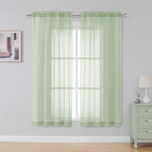 "Simplebrand Light Green Sheer Curtains 63 Inch Length 2 Panels, Rod Pocket Solid Color Window Sheer Curtain Panels, Elegant Curtains & Drapes for Living Room, Bedroom 2 Panels, 42"" W x 63"" L"