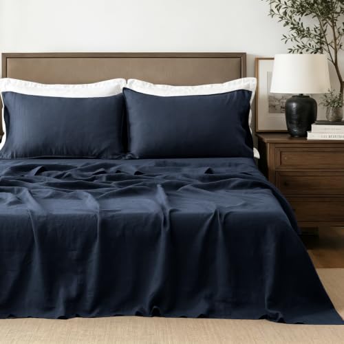 S VICTORY SYMBOL 100% Organic Linen Sheets Set,French Natural Bedding,Ultra Soft Luxurious Stone Washed Flax 4 Pieces Sheets Set(Navy,King)