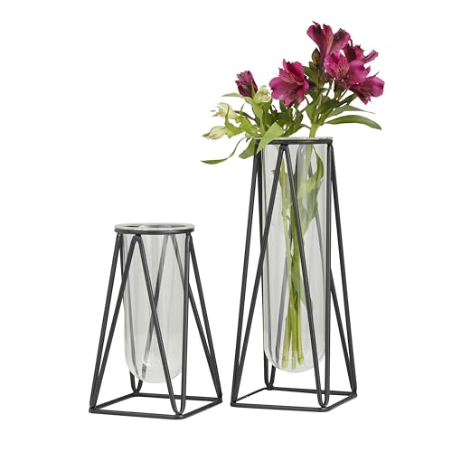 "Deco 79 Glass Decorative Vase Tube Centerpiece Vases with Metal Stand, Set of 2 Flower Vases for Home Decoration 13"", 9""H, Black"