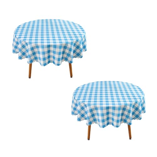 "MANGATA CASA Sky Blue Gingham Round Tablecloth-2Pcs Checkered Table Cloth Waterproof Kitchen & Table Linens-Polyester Buffalo Plaid Wrinkle Free Table Cover(Sky Blue 60"" Round-2Pack)"