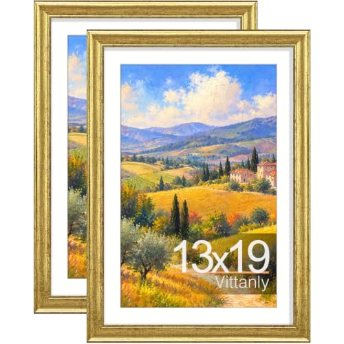 Vittanly 13x19 Picture Frames Set of 2, Ornate Vintage Photo Frame for Wall Mount, Display 11x17 Pictures with Mat or 13x19 without Mat, Rustic Gold