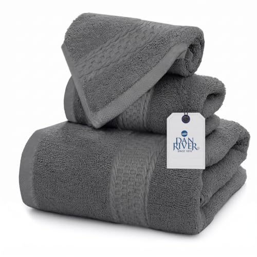 Dan River 100% Ring Spun Cotton 3-Piece Towel Set, Grey, Bath Towel, Hand Towel and Washcloths, 550 GSM - Soft, Absorbent Quick Dry Cotton Towels for Bathroom, Spa, and Gym