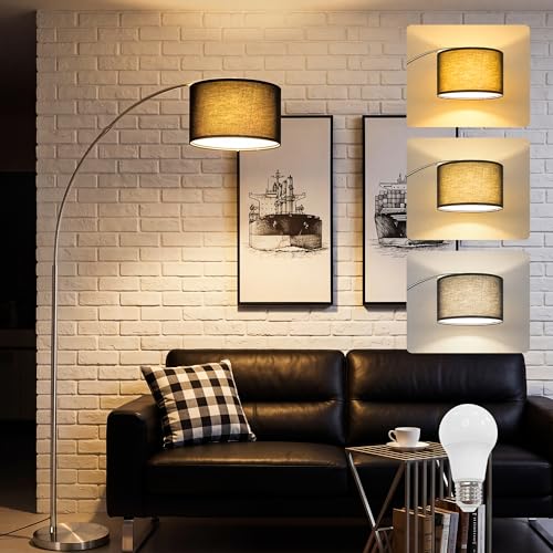 Stylish Arc Floor Lamp for Living Room, 200cm Tall Over Sofa Arc Standing Lamp with Black Fabric Lampshade, Sturdy 6kg Metal Base, Easy Foot Switch, 9W 3-Colour Bulb Included and Adjustable Lamp Head