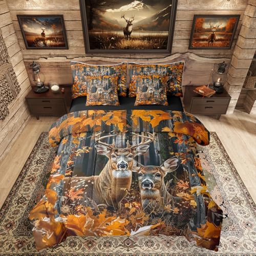 Erosebridal 7 Pieces Camo Deer Comforter Set with Sheets King Size - Rustic Hunting Deer Bedding Set for Kids Boys Men Adult Country Rural Hunting Animal Bed Sets Rustic Farmhouse Style Bed in A Bag