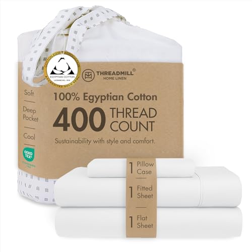 Threadmill Home Linen Certified 100% Egyptian Cotton 400 Thread Count, Twin Sheets,3 Piece Sateen Weave Hotel White Sheet Set, Solid Bedsheets with Elasticized Deep Pocket