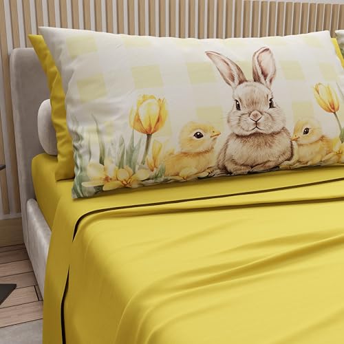 PETTI Artigiani Italiani - Easter Cotton Sheets with Pillowcases in Digital Print, Double Maxi, Complete Top and Bottom Sheet with Corners, 30 Yellow, Made in Italy