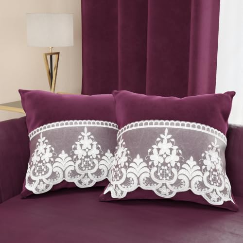 PETTI Artigiani Italiani - 2 Velvet Cushions with Rebrod?? Lace, Filling Included, 70 x 40 cm, Plum