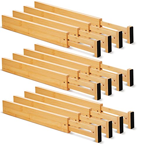 "Sawysine 12 Pieces Bamboo Drawer Dividers Adjustable Drawer Organizers 2.4"" High 17""-22"" Spring Separators Organization Expandable Organizers for Kitchen Bedroom Bathroom Dresser Office"
