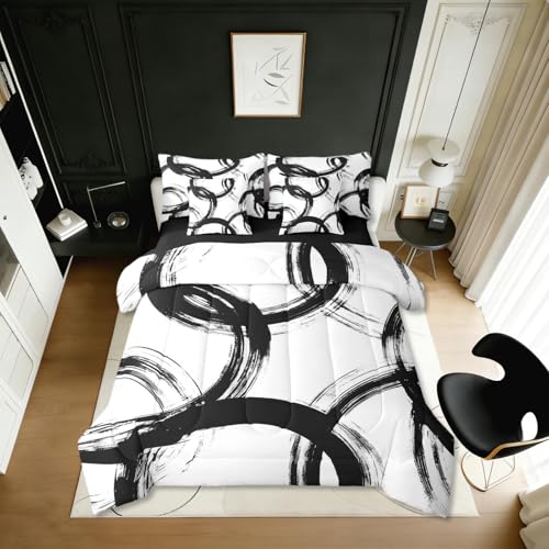 Erosebridal Black and White 7 Pcs Comforter Set Queen Abstract Line Minimalist Ink Painting Bedding Set for Kids Boys Girls Simple Graffiti Art Modern Geometric Sheet Set Boho Cool Unique Mens Quilt