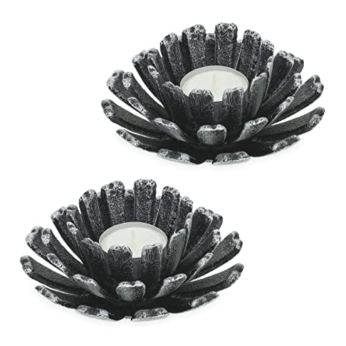 Relaxdays Tealight Holder, Set of 2, Flower Shape, Candle Stand, Cast Iron, Indoors & Outdoors, HxØ 6 x 13.5 cm, Silver
