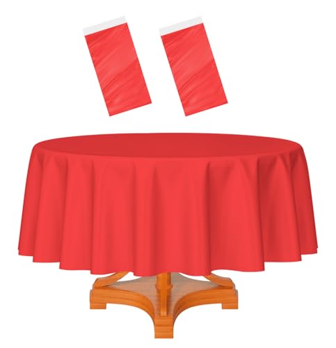 HEIPINIUYE 2 Pack Red Tablecloth Round 84 Inch Round Plastic Table Cloth Waterproof Disposable Round Table Cover for Party Birthday Camping Picnic Baby Shower Circle Tablecloth