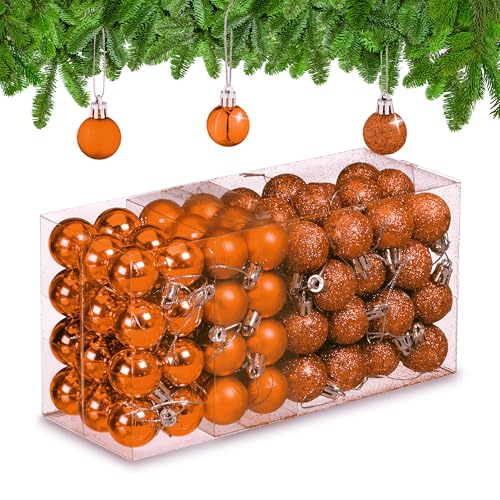 Relaxdays Christmas Baubles, Set of 96, Glittering, Matt and Sparkles, Plastic, Traditional Spheres, Decorations, Orange, 4 x 3 x 3 cm