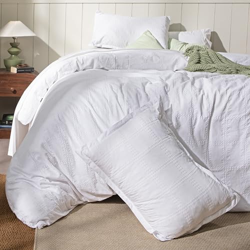 Ruvanti 100% Cotton Waffle Duvet Cover Queen Size Set, 3 Pieces, Bright White, Ultra Soft Pre-Washed Bedding, Breathable Comforter Cover Set 8 Corner Ties, Button Closure