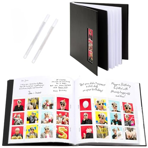 Photo Booth Frames - Black Cover Photo Booth Memory Album DIY Picture Scrapbook with 2x6 Inch Photo Strip Inserts - 40 White Pages