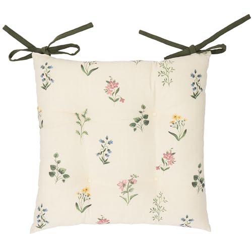 furn. Wylder Olivia Seat Pads – Pack of 2 – Rustic Floral Natural Linen Look Slub Cotton Tie Chair Cushions (Green – 40x40cm)