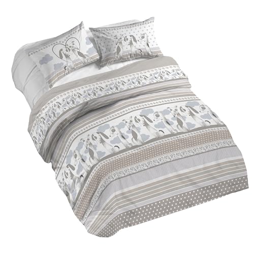 PENSIERI DELICATI 100% Cotton Double Duvet Cover Set, Complete with 250 x 200 cm Sleeping Bag and 2 Pillowcases 52 x 82 cm, Made in Italy, Duvet Cover Machine Washable At 40 Degrees, Baubau Beige