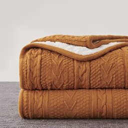 Longhui bedding Acrylic Cable Knit Sherpa Throw Blanket - Thick, Soft, Big, Cozy Burnt Orange Knitted Fleece Blankets for Couch, Sofa, Bed - Large 60 x 80 Inches Coverlet All Season