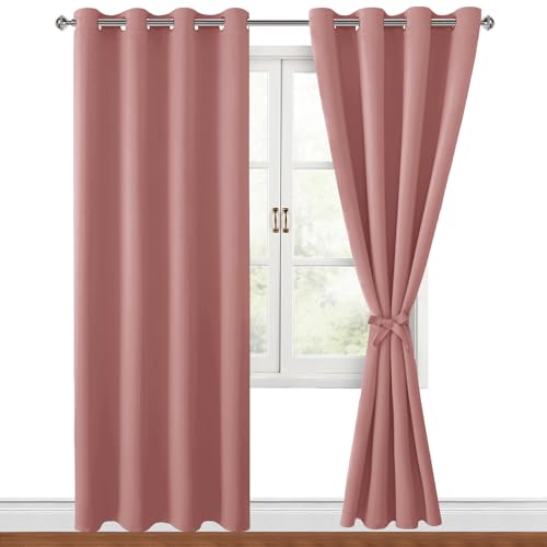 Hiasan Blackout Curtains for Bedroom, 52 x 84 Inches Long - Thermal Insulated & Energy Saving Window Curtains for Living Room, 2 Drape Panels Sewn with Tiebacks, Dusty Rose