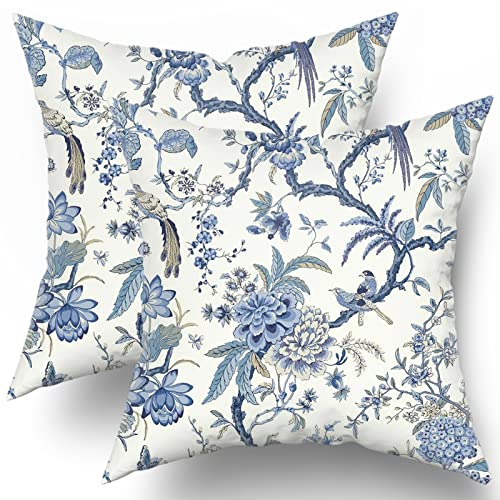 Chinoiserie Pillow Covers 20x20 Inch Blue and White Outdoor Pillows Blue Birds Flowers Throw Pillow Covers Cotton Square Cushion Cover Decor for Bedroom Couch Bed Living Room Sofa Chair Set of 2