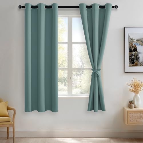 JIUZHEN Stone Blue Blackout Curtains with Tiebacks Thermal Insulated, Light Blocking and Noise Reducing Grommet Curtains for and Living Room, Set of 2 Window Curtain Panels, 42 x 63 Inch Length