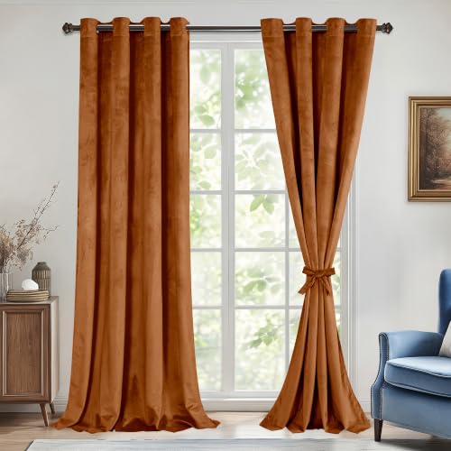 DWCN Velvet Curtains 108 Inches Long with Tiebacks - Thermal Insulated Grommet Tieable Blackout Room Darkening Privacy Protect Drapes for Bedroom Living Room, W52 x L108, Terracotta, 2 Panels
