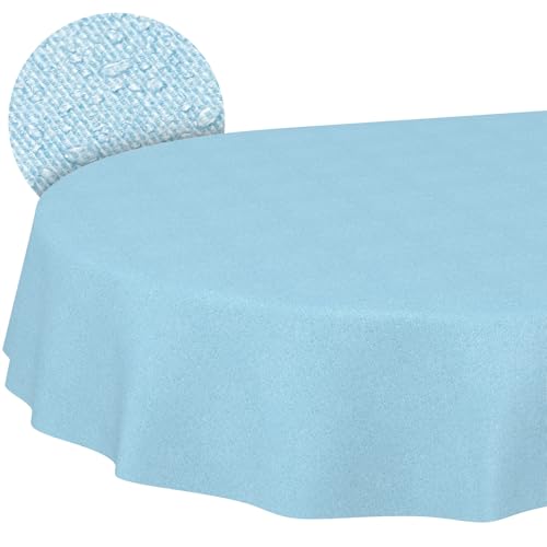 ANRO Washable Tablecloth Pastel Blue Linen Look Oval 320 x 140 cm - Table linen made of coated fabric - dirt and water resistant, easy to clean - washable at 30 ??C