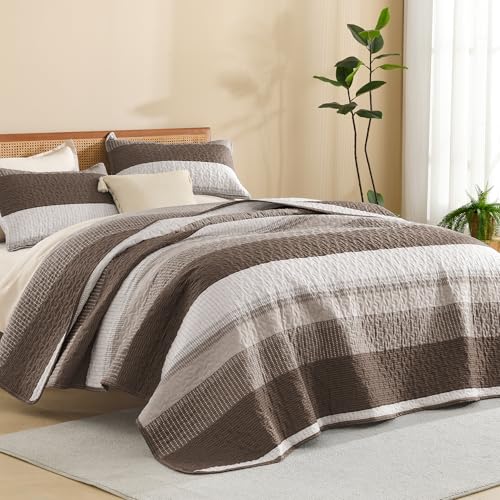 "Litanika Super King Plus Quilt, 3 Pcs Chocolate Brown Stripe Bedding Set - Summer Bedspread with 2 Shams,Lightweight Coverlet for All Season (128""x120"")"