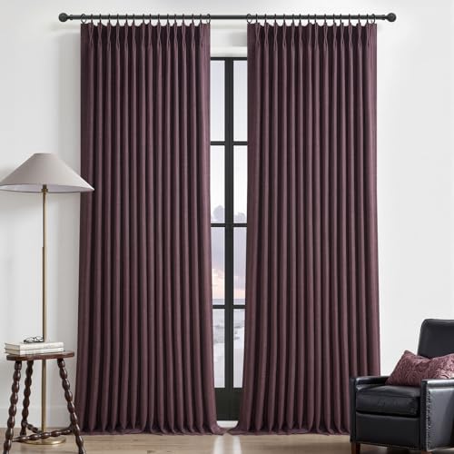 Blackout Thick Linen Viral Curtains 96 Inches Long 2 Panels Set for Dining Room, Dark Purple Memory Trained Pinch Pleat Dual Layer Heavy Drapes Insulated Noise Cancelling Textured Windows Curtain 8 FT