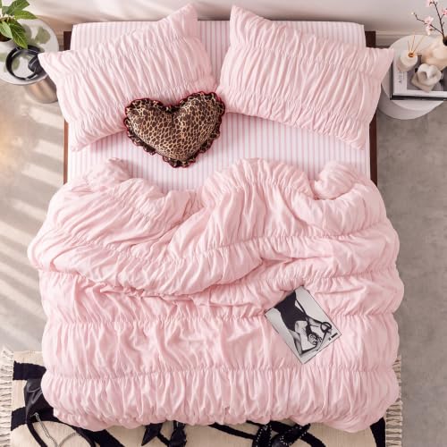 Bedbay 100% Cotton Ruched Duvet Cover King Size,Pink Wrinkle Comforter Cover,Aesthetic Decor Dorm Bedding Set,Pure Cotton 3 Pcs Boho Duvet Cover Set for Adults Girls Teen