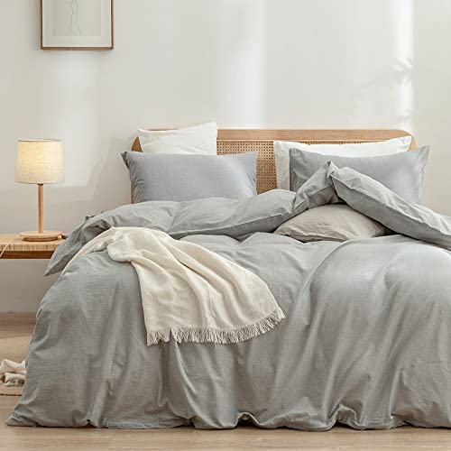BESTOUCH 100% Washed Cotton Bed Linen Set, Super Soft Touch Comfortable Chic Light 3 Piece Bedding Set Home Solid Light Grey King