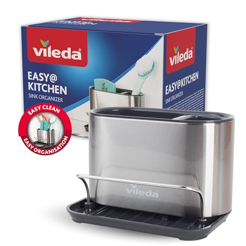 Vileda Stainless Steel Sink Organiser with Sponge Holder - Practical Holder for Sponges, Brushes & Soap Dispenser - Space-Saving & Rustproof - Organiser for Clean Kitchen Work, M