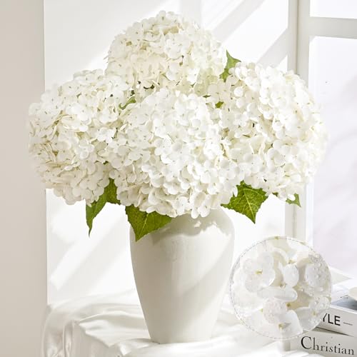 Livole 3 Pcs Hydrangea Artificial Flowers, White - 21 '' 252 Petals Lagre Fake Faux Hydrangeas Flowers for Party Wedding Bouquets Table Centerpieces Home Decor